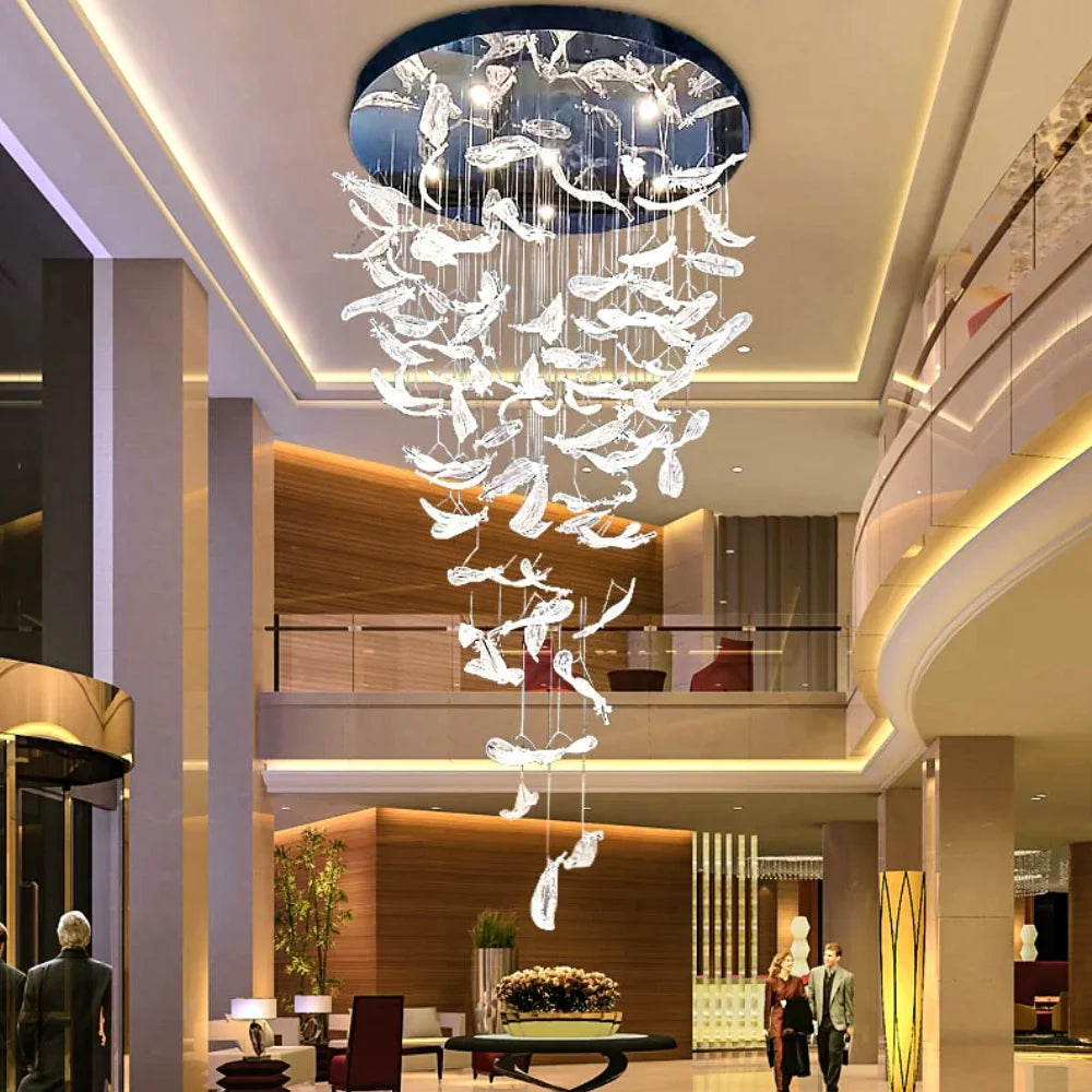 Melodic Feather Design Glass Staircase Chandelier for Tall Foyers