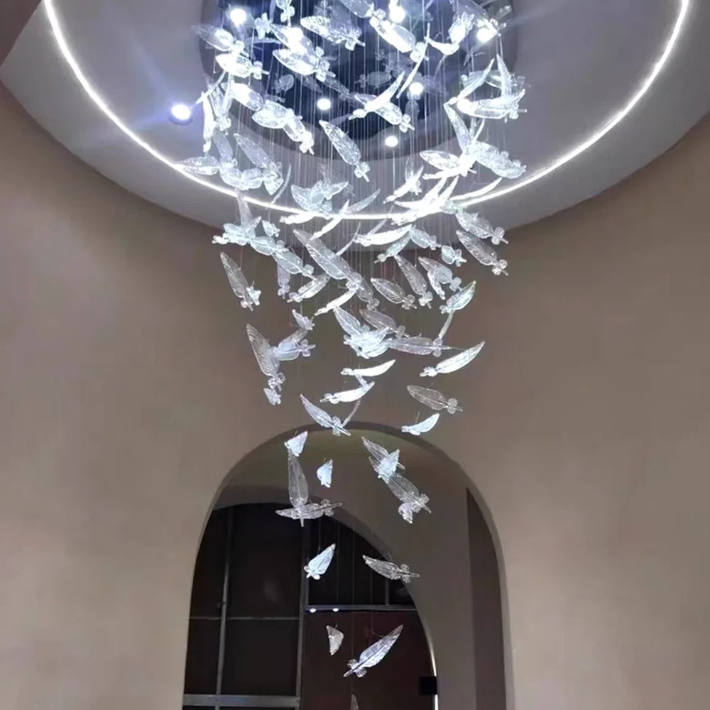 Melodic Feather Design Glass Staircase Chandelier for Tall Foyers