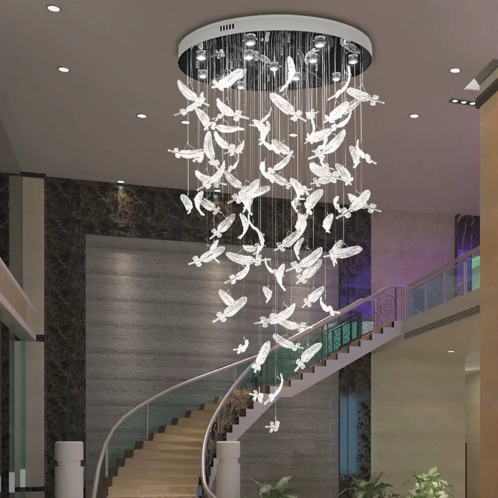 Melodic Feather Design Glass Staircase Chandelier for Tall Foyers