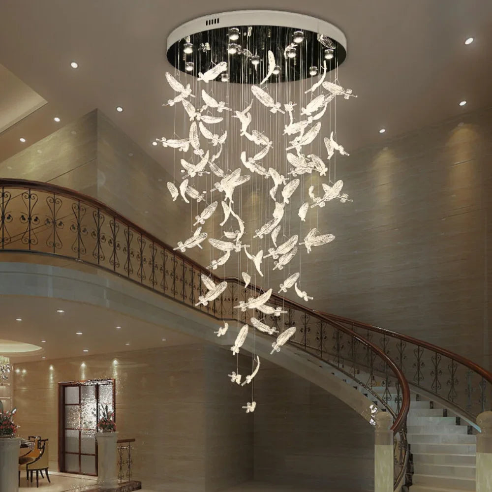 Melodic Feather Design Glass Staircase Chandelier for Tall Foyers