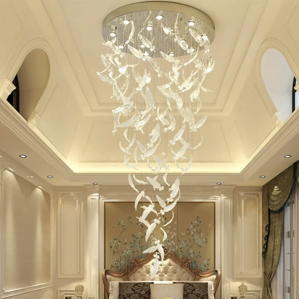 Melodic Feather Design Glass Staircase Chandelier for Tall Foyers