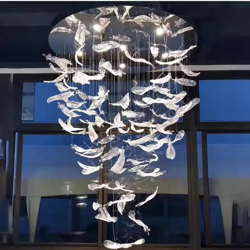 Melodic Feather Design Glass Staircase Chandelier for Tall Foyers