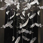 Melodic Feather Design Glass Staircase Chandelier for Tall Foyers