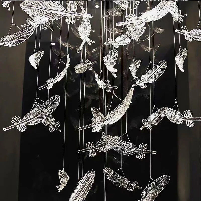 Melodic Feather Design Glass Staircase Chandelier for Tall Foyers