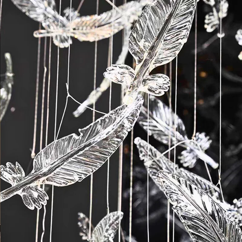 Melodic Feather Design Glass Staircase Chandelier for Tall Foyers