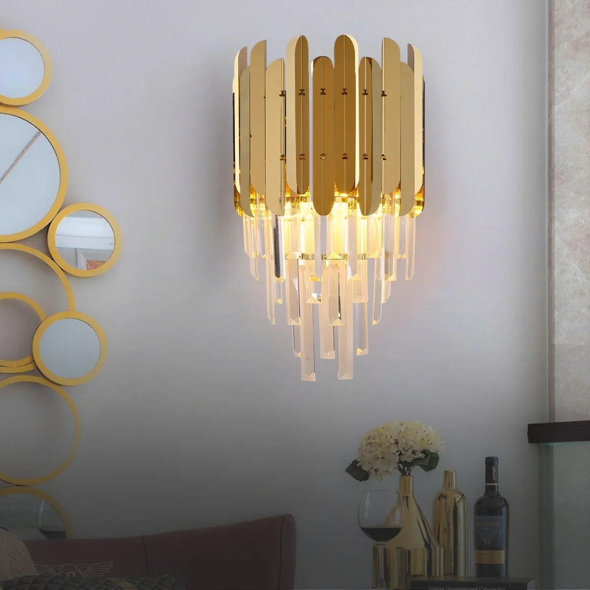 Reflex Luxury Gold/Chrome Crystal Wall Sconce for Bedroom & Hallway